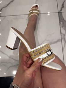 Women's Adjustable Buckle Design Square Toe Chunky Heel Slide Sandals - White - View 3