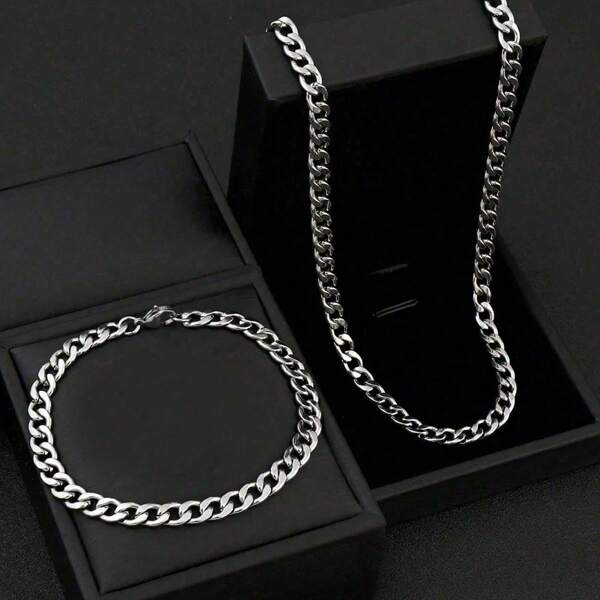 2pcs/Set, Y2K Hiphop Style, Stainless Steel Cuban Chain Necklace And Bracelet, Unisex Party Jewelry, Durable Streetwear Fashion Accessories