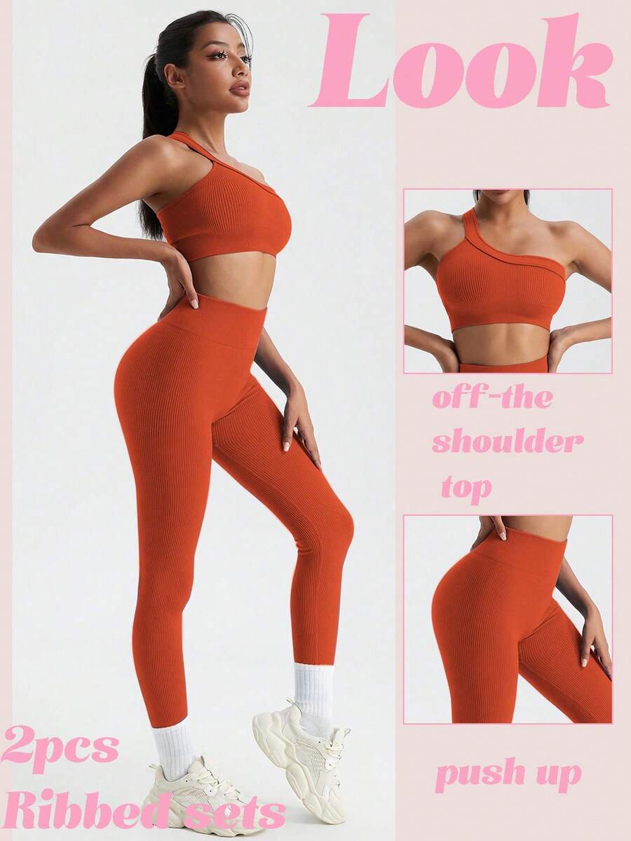 2pcs Women Oblique Shoulder Rib Knit Sports Bra And Leggings Set - Red - View 1