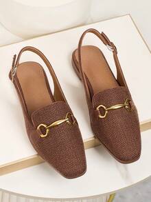 2025秋季方头亚麻透气金属扣拼接设计休闲时尚百搭穆勒鞋纯色时尚休闲镂空女式户外鞋四季通用 - 咖啡棕 - 查看 2