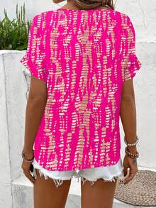 女士夏季休闲V领短袖印花衬衫，美式复古纹理印花衬衫，度假风百搭修身设计 - 玫紅色 - 查看 2