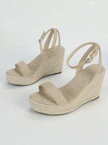 Women's Chunky Platform Wedge Sandals, Retro Woven Slip-On Mules With Ankle Strap, Bohemian Summer Vacation High Heel Shoes - Apricot - View 6