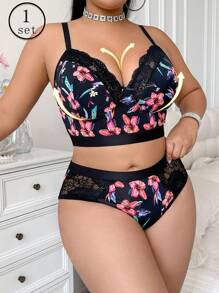 Plus Size Floral Print Lace Patchwork Lingerie Set