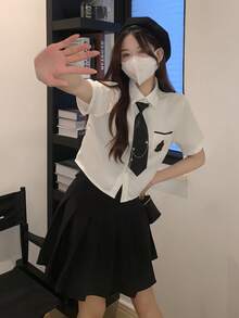 1pc Student Uniform Cosplay Set - White Short Sleeve Top + Dark Grey Pleated Skirt + Tie, 3-Piece Set, Suitable For Photoshoot, Valentine's Day, Party, Garden Date - Multicolor - View 5