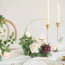 8pcs Golden Metal Floral Wreath Centerpieces Set, Include 4/5pcs Wooden Stands And 4/5pcs Golden Metal Floral Hoop Centerpieces - Perfect For Wedding Decor, Home Decor, Room Decor, Birthday Decorations And Party Supplies