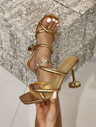 Women's Gold Pyramid Decor High Heel Mule Sandals, Glamorous Party Heeled Slippers