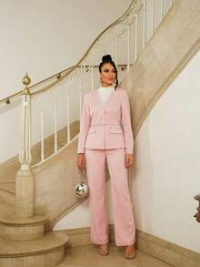 Women's Slim Blazer/ With Belt/ Fake Pockets - Pink - View 5