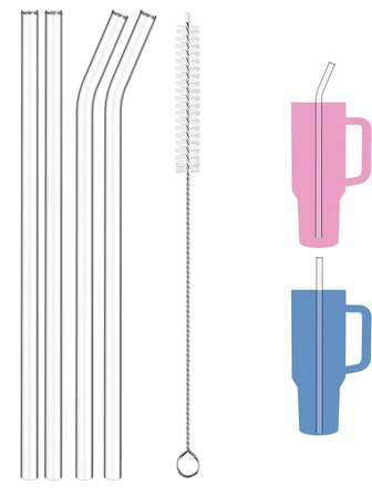 Replacement Straws 6 Packs 31cm/12in Reusable Straws For 40oz & 30oz Tumblers, Extra Long Clear Glass Straws With Cleaning Brush - Cup Accessories For Camping Travel Office (Replacement Parts)