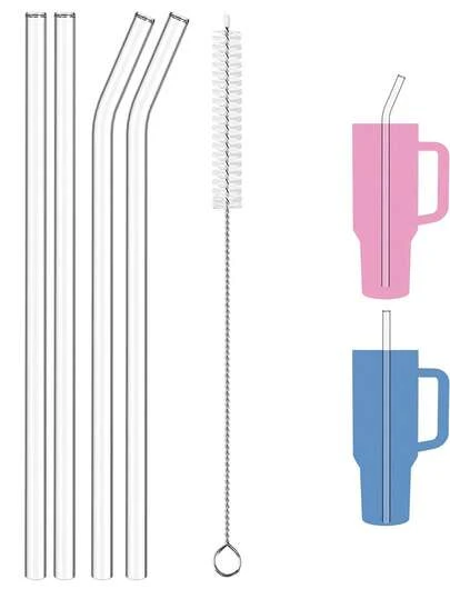 Replacement Straws 6 Packs 31cm/12in Reusable Straws For 40oz & 30oz Tumblers, Extra Long Clear Glass Straws With Cleaning Brush - Cup Accessories For Camping Travel Office (Replacement Parts)