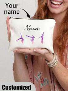 1pc Custom Gymnastics Pattern Makeup Bag - Personalized Name, Lightweight & Foldable Cosmetic Pouch, Polyester With Black Zipper, Ideal For Travel & Gifts, White, All-Purpose, Large Capacity, Versatile, Multifunction, Colorful, Cute, Adorable, Contracted, Funny, Kawaii, Y2K, Minimalist, Commuting, Business Casual, Basics, Custom, For Anniversaries, For Birthdays, For Holiday/ Vacation, For Outdoors/Outings/Travel/Hiking/Stadium/Sports/Climbing, For Business/Commute/Work/Office, Vacation, Vacation