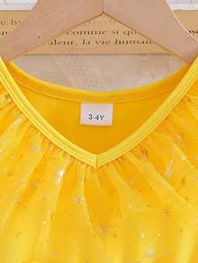 Toddler Girls Tulle Dress Sleeveless Star Print Belted Pageant Dress Kid Wedding Ball Gown - Màu vàng - Xem 4
