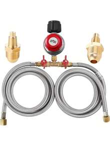 0-20 Psi Adjustable Propane Regulator With Hose. 8 Feet Y Splitter Double Braided Hose With 1/8" MNPT Pipe Fitting For Double Propane Outdoor Burner, Turkey Fryer, Cooker - 銀色 - 查看 1