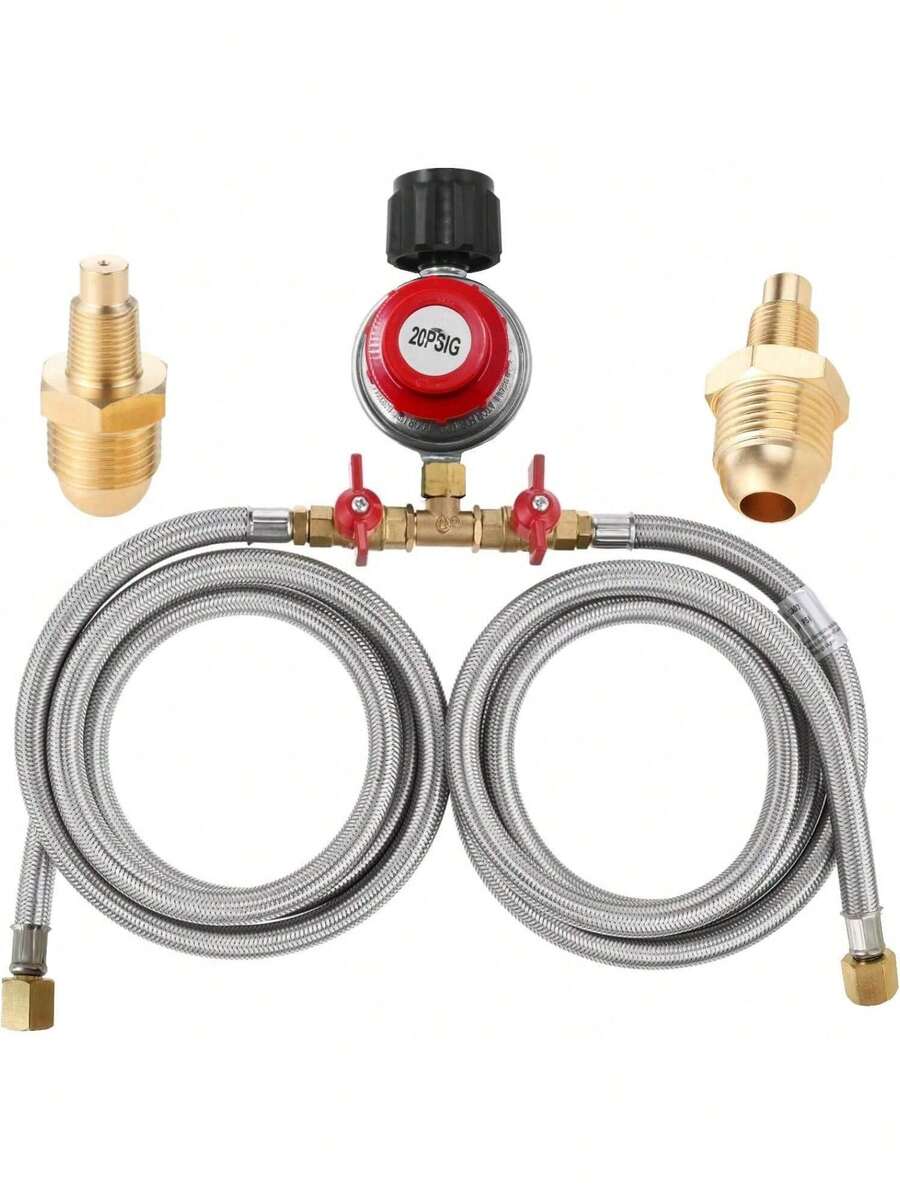 0-20 Psi Adjustable Propane Regulator With Hose. 8 Feet Y Splitter Double Braided Hose With 1/8" MNPT Pipe Fitting For Double Propane Outdoor Burner, Turkey Fryer, Cooker - 銀色 - 查看 1
