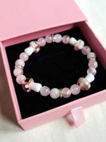 1 pieza Pulsera con diseño de hongo rosa dulce y fresco hecho de cuentas naturales, con decoración de rhinestones, para damas, uso diario y fiestas