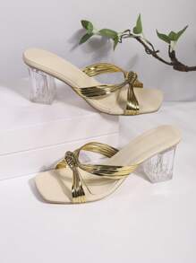 New Women's Fashionable Luxurious Gold Twist Strap With Ivory Crocodile Embossed Transparent Crystal High Heel Mules, Suitable For 4 Seasons, Fit For Vacation, Party, Wedding, Date