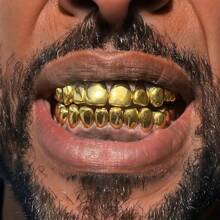 1 peça/2 peças Grillz de dentes com glitter de Hip-Hop, Cor Dourada com 8 dentes superior e inferior, Acessórios de fantasia de rapper unissex para festa de Halloween