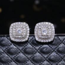 1 Pair Elegant Zirconia Stud Earrings For Women, Vintage Square Double Earrings, Perfect For Wedding/Anniversary/Valentine's Day Gift