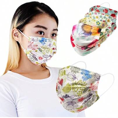 Disposable Safety Mask 3 Layer Protection Face Mask For Adults 50 Pcs (Flower Print)