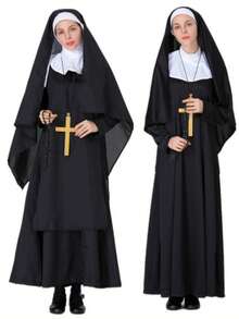 Adult Medieval Cross Nun Dress Vintage Renaissance Female Religious Costume Halloween - Black - View 1