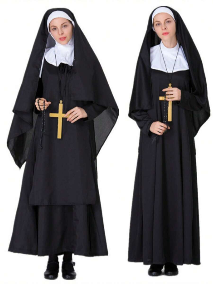 Adult Medieval Cross Nun Dress Vintage Renaissance Female Religious Costume Halloween - Black - View 1