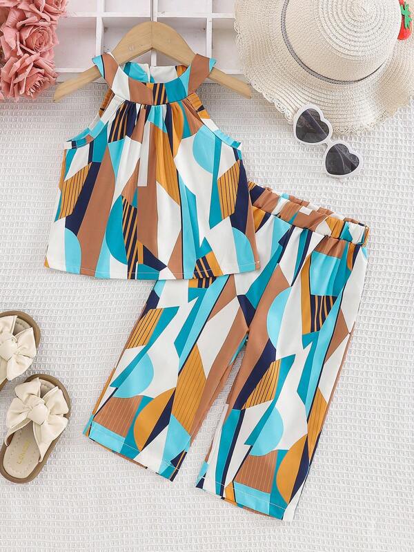 2pcs/Set Baby Girls Casual Holiday Geometric Square Print Halter Top And Pants Set