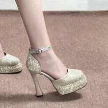 2025 Glitter Platform Bridal Heels – Sparkly Chunky Wedding Shoes For Brides - Champagne - View 3
