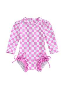 Girls Bikini Beach Swimwear Long Sleeve Checkerboard Print Ruffle Romper Bathing Suit - Rosa - Ver 2