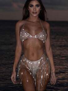 Haut de bikini coquille de mer sans dos ajustable Y2K, brassière de plage avec chaîne de corps de coquillage de sirène, parure de soleil de 1 pièce avec strass de coquilles de sirène - or