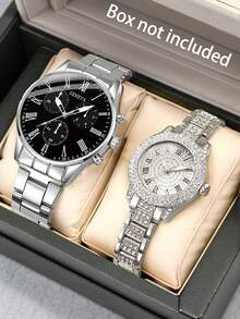 2pcs/Set Quartz Watch Set For Men Women Elegant Fashion Watch, Couple Watch With Soft Stainless Steel Strap, Suitable For Daily Wear And Valentine's Day Gift