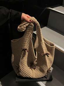 Yogodlns Bolso de hombro de punto casual y de ocio, bolso de mano bohemio y dulce con trenzado, bolso de mano de ganchillo calado con lazo grande, bolso tipo tote para vacaciones de verano para mujer, bolso hobo de unicolor y estético con gran capacidad, bolso de mano de punto grande para uso diario de señoras