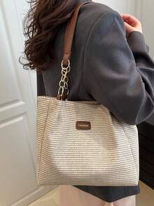 女士托特包，宽敞的度假草编单肩包，配有可调节双肩带和链条手柄，适合购物、工作、旅行和户外使用