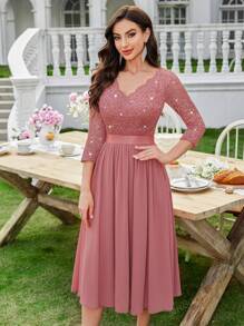 MIUSOL Elegant V-Neck Sequin Floral Lace Ruched Chiffon 3/4 Sleeve Evening Party Long Dress