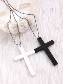 Vintage Gothic Necklace Sweater Chain, Black & White Christian Cross Pendant Necklace For Women, Fashion Jewelry Chain, Lolita Wooden Punk Choker