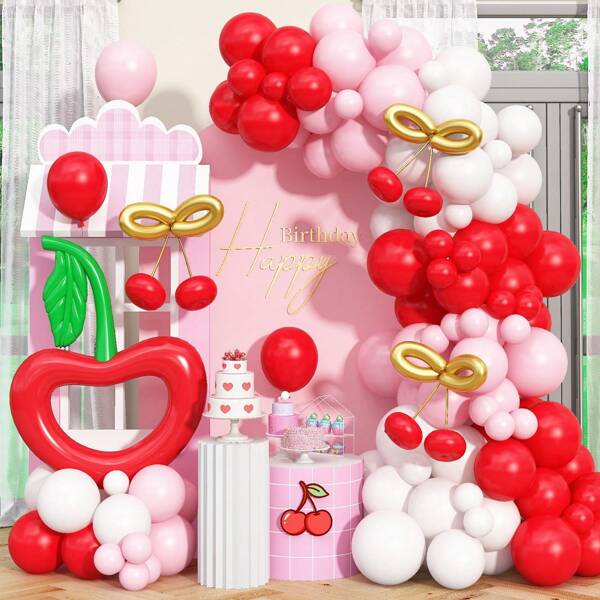Cherry Balloon Garland Arch Kit, 115pcs Red And Pastel Pink White Metallic Gold Long Latex Balloons For Birthday BabyShower Wedding Valentines Day Anniversary Cherry On Top Party Decorations