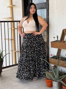 Truni Plus Size Women Elegant Floral Print Skirt Maxi Vacation Beach Outfit