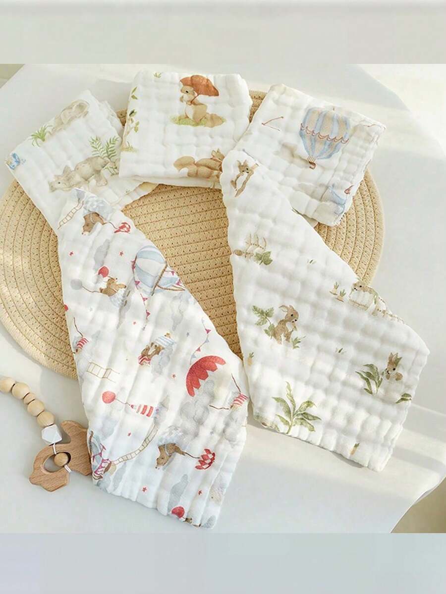 5条随机卡通动物图案婴儿围兜，新生儿超柔软洗脸巾，幼儿面巾 - 多色 - 查看 1