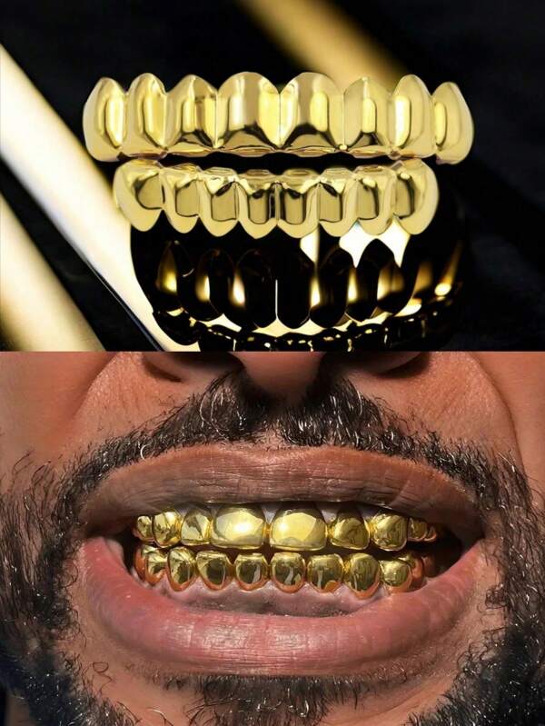 1pc/2pcs Hip-Hop Glitter Teeth Grillz 8-Teeth Top & Bottom Gold Color Dental Grills For Halloween Party, Unisex Rapper Costume Accessories