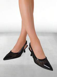 Womens High Heeled Sandals Pointed Toe Slingback Kitten Heel Pumps Mesh Ankle Metal Buckle Strap Comfortable Summer Shoes For Women Breathable Slip On Wedding Party Bride Prom  Business Spring Casual Sandal - 黑色 - 查看 1