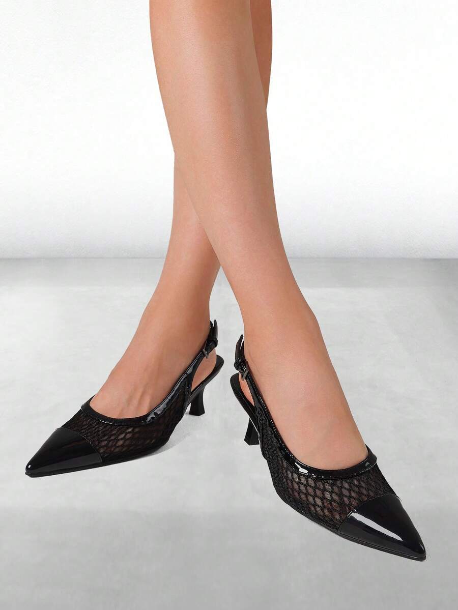 Womens High Heeled Sandals Pointed Toe Slingback Kitten Heel Pumps Mesh Ankle Metal Buckle Strap Comfortable Summer Shoes For Women Breathable Slip On Wedding Party Bride Prom  Business Spring Casual Sandal - 黑色 - 查看 1