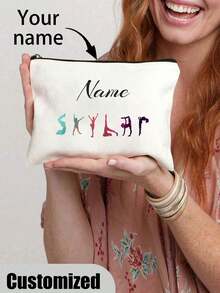 1pc Custom Gymnastics Pattern Makeup Bag - Personalized Name, Lightweight & Foldable Cosmetic Pouch, Polyester With Black Zipper, Ideal For Travel & Gifts, White, All-Purpose, Large Capacity, Versatile, Multifunction, Colorful, Cute, Adorable, Contracted, Funny, Kawaii, Y2K, Minimalist, Commuting, Business Casual, Basics, Custom, For Anniversaries, For Birthdays, For Holiday/ Vacation, For Outdoors/Outings/Travel/Hiking/Stadium/Sports/Climbing, For Business/Commute/Work/Office, Vacation, Vacation