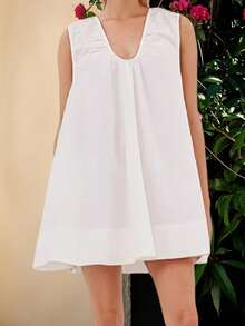 Women's V Neck Tank Dress Sleeveless Solid Color Loose Beach Dresses With Pocket - White - View 3