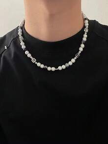 1 件时尚嘻哈朋克裂纹珍珠串珠项链，适合男女日常佩戴