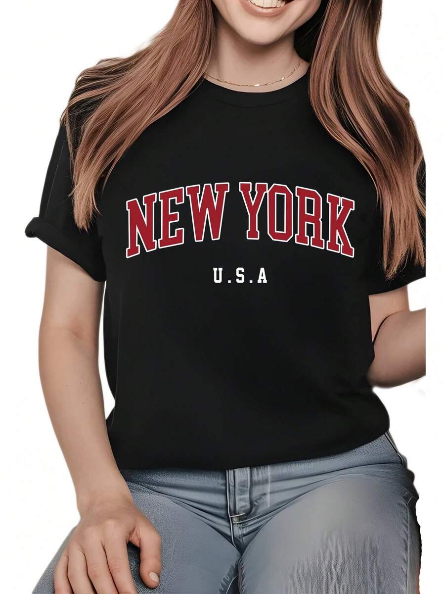 Camiseta con Estampado Gráfico de Nueva York para Mujer, Camiseta Casual de Manga Corta, 1 Pieza, 100% Algodón Grueso, Cuello Redondo Cómodo, Camiseta Suave y Linda LA - Negro - Ver 1