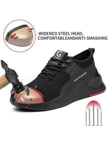 1 Piar Sapatos respiráveis com biqueira de aço para homens, sola de borracha, biqueira de aço, tênis, botas, tênis de trabalho leves, pretos, antiderrapantes, à prova de furos, proteção industrial, calçados de trabalho para mulheres, armazéns, fabricação, jardineiros