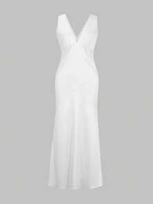 Look Polly 女士夏季连衣裙，纯色真丝长裙，吊带连衣裙，婚礼宾客礼服，秋季女装，返校季穿搭，全白派对礼服，露肩连衣裙，正式礼服，优雅性感V领长裙 - 珍珠白 - 查看 2