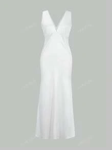 Look Polly Summer Women Dresses,Solid Color Silk Long Skirt Suspender Dress,Wedding Women Dresses Fall Women Clothes, Back To School Clothes,All White Party Outfit Women Off-The-Shoulder Dress Prom Dress,Elegant And Sexy V-Neck Long Dress