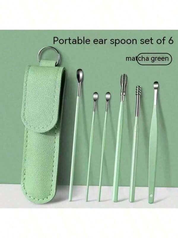 6-Piece Stainless Steel Earwax Cleaning Kit - Compact 360 ° Spiral Earwax Remover With Massage Function, Travel Friendly Mini Ear Spoon Set, Suitable For Adults And Children, Office And Travel Use
