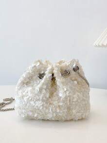 1 chiếc túi đeo chéo xích ngọc trai, mini đính sequin lấp lánh, màu trắng sữa, dành cho nữ, dùng để đi chơi/tiệc/ăn tối vào mùa hè, cuối tuần và sử dụng hàng ngày - Màu be - Xem 11