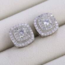 1 Pair Elegant Zirconia Stud Earrings For Women, Vintage Square Double Earrings, Perfect For Wedding/Anniversary/Valentine's Day Gift