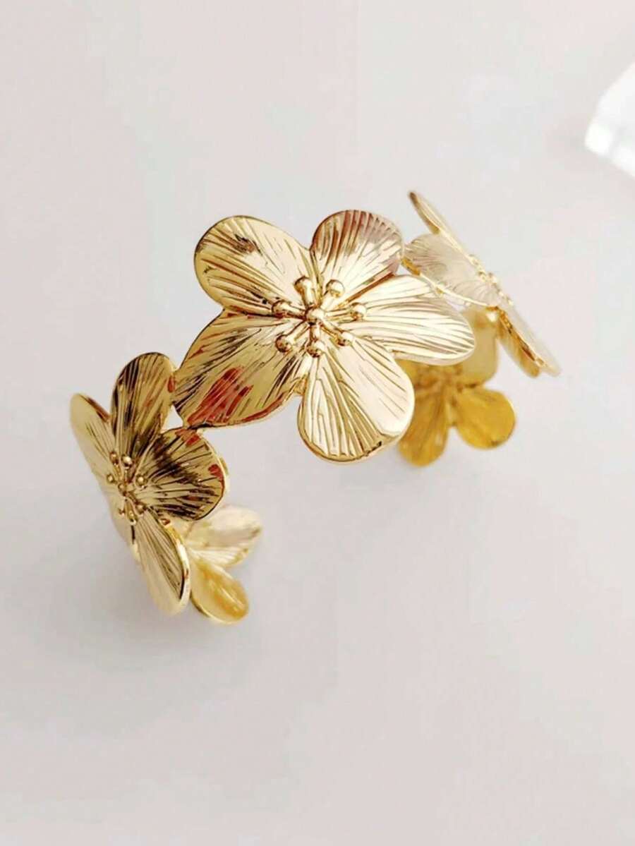 1件金色花朵开口手镯，女士饰品，返校季/情人节配饰